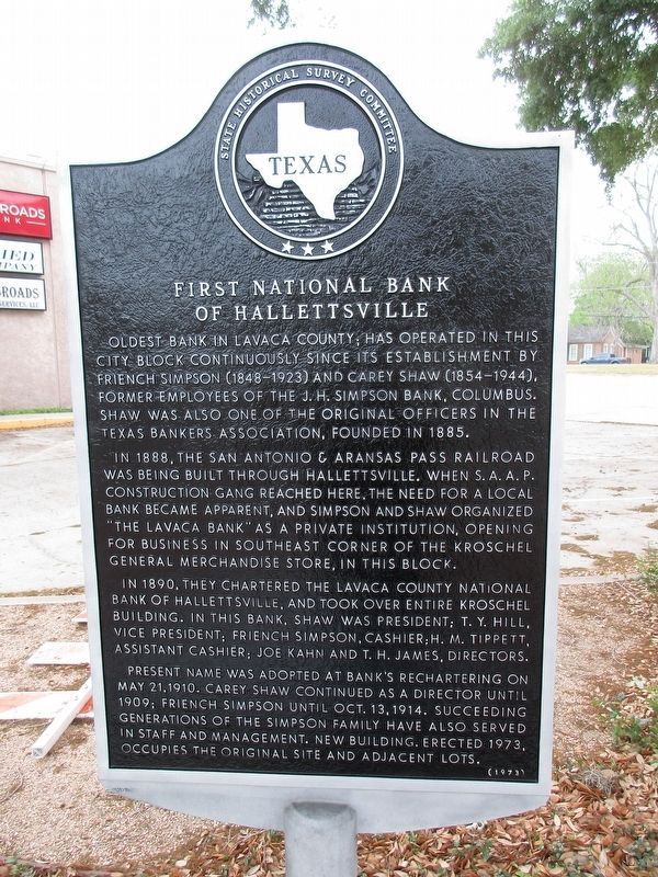 First National Bank of Hallettsville Marker. Click for full size. First National Bank of Hallettsville Marker image. Click for full size.