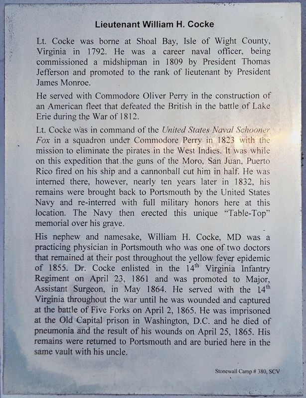Lieutenant William H. Cocke Marker. Click for full size. Lieutenant William H. Cocke Marker image. Click for full size.