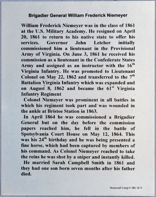 Brigadier General William Frederick Niemeyer Marker image. Click for full size.