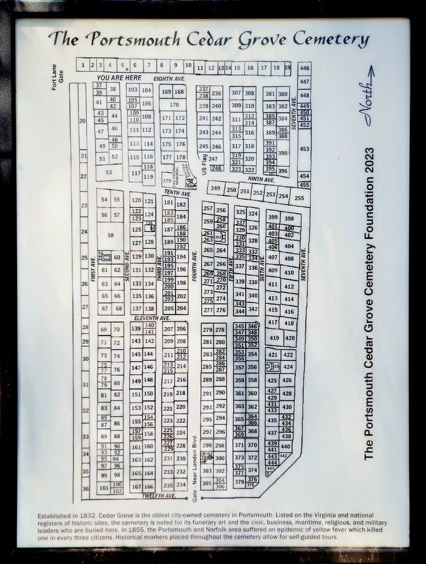 The Portsmouth Cedar Grove Cemetery Marker. Click for full size. The Portsmouth Cedar Grove Cemetery Marker image. Click for full size.