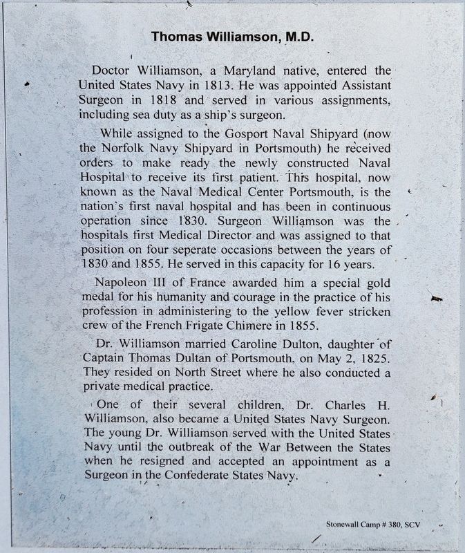 Thomas Williamson, M.D. Marker. Click for full size. Thomas Williamson, M.D. Marker image. Click for full size.