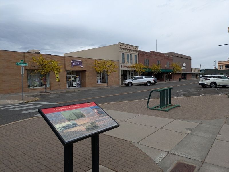 Downtown Kennewick marker with the Columbia Pharmacy building in the background image. Click for full size.