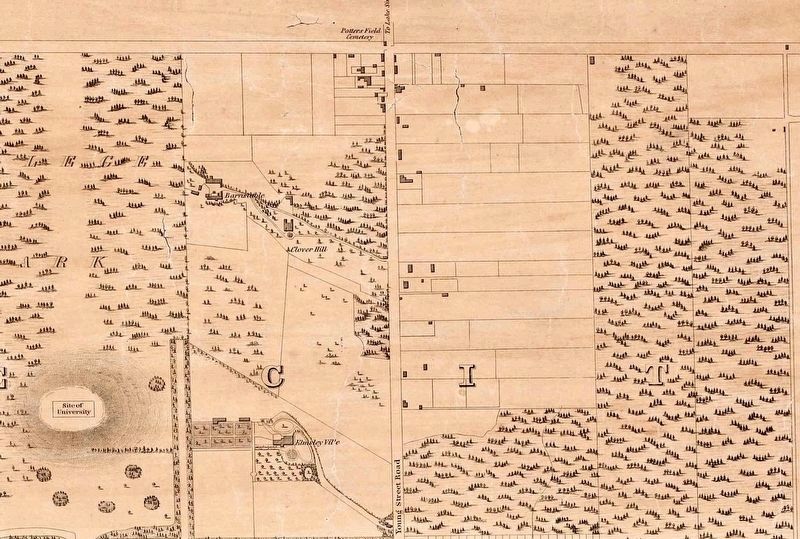 Map of Toronto, 1842, showing the location of the Potter�s Field Cemetery (top centre) image. Click for full size.
