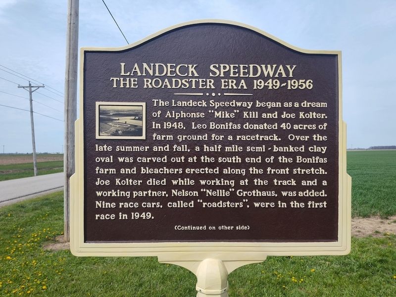 Landeck Speedway - The Roadster Era 1949-1956 Marker. Click for full size. Landeck Speedway - The Roadster Era 1949-1956 Marker image. Click for full size.