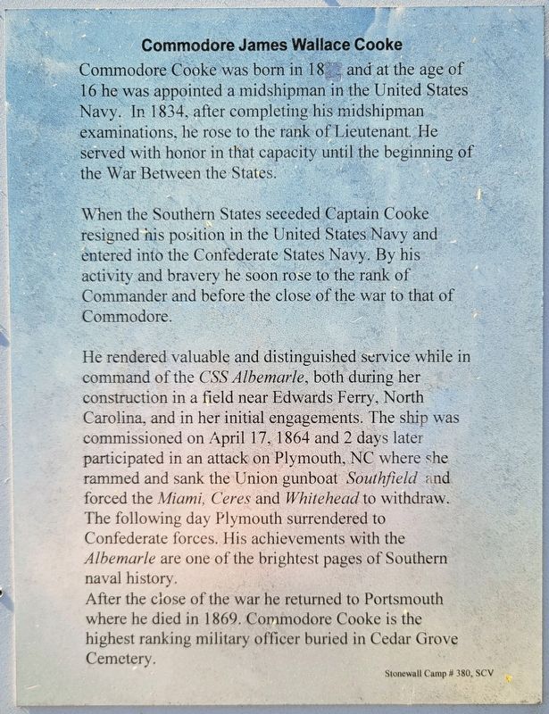 Commodore James Wallace Cooke Marker. Click for full size. Commodore James Wallace Cooke Marker image. Click for full size.