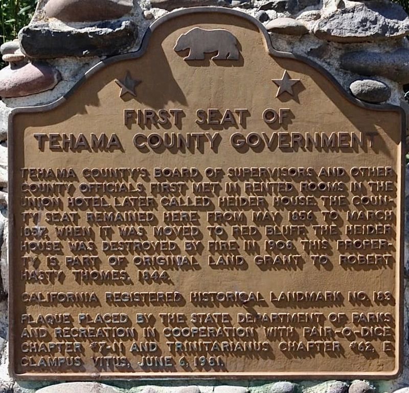 First Seat of Tehama County Government Marker image. Click for full size.