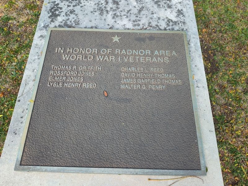 Radnor Area World War I Veterans Memorial Marker. Click for full size. Radnor Area World War I Veterans Memorial Marker image. Click for full size.