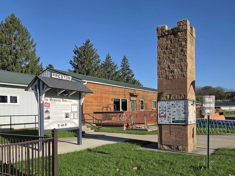 The Milwaukee Road in Preston/A Day on the Railroad Marker (left) at the Preston Trailhead. Click for full size. The Milwaukee Road in Preston/A Day on the Railroad Marker (left) at the Preston Trailhead image. Click for full size.