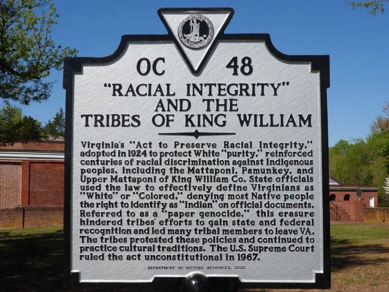 "Racial Integrity" and the Tribes of King William Marker image. Click for full size.