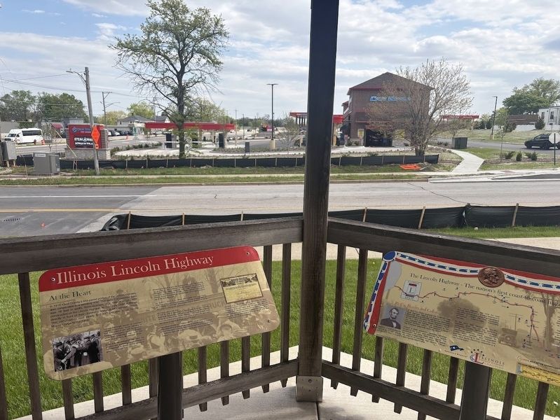 Two of the four Lincoln Highway markers in North Aurora, facing south. Click for full size. Two of the four Lincoln Highway markers in North Aurora, facing south image. Click for full size.