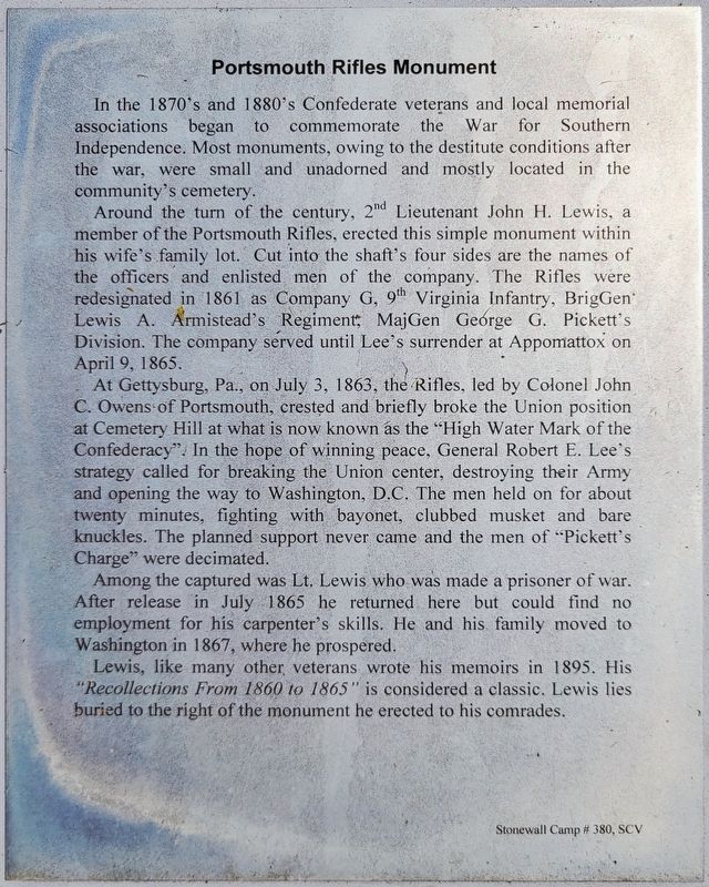 Portsmouth Rifles Monument Marker. Click for full size. Portsmouth Rifles Monument Marker image. Click for full size.