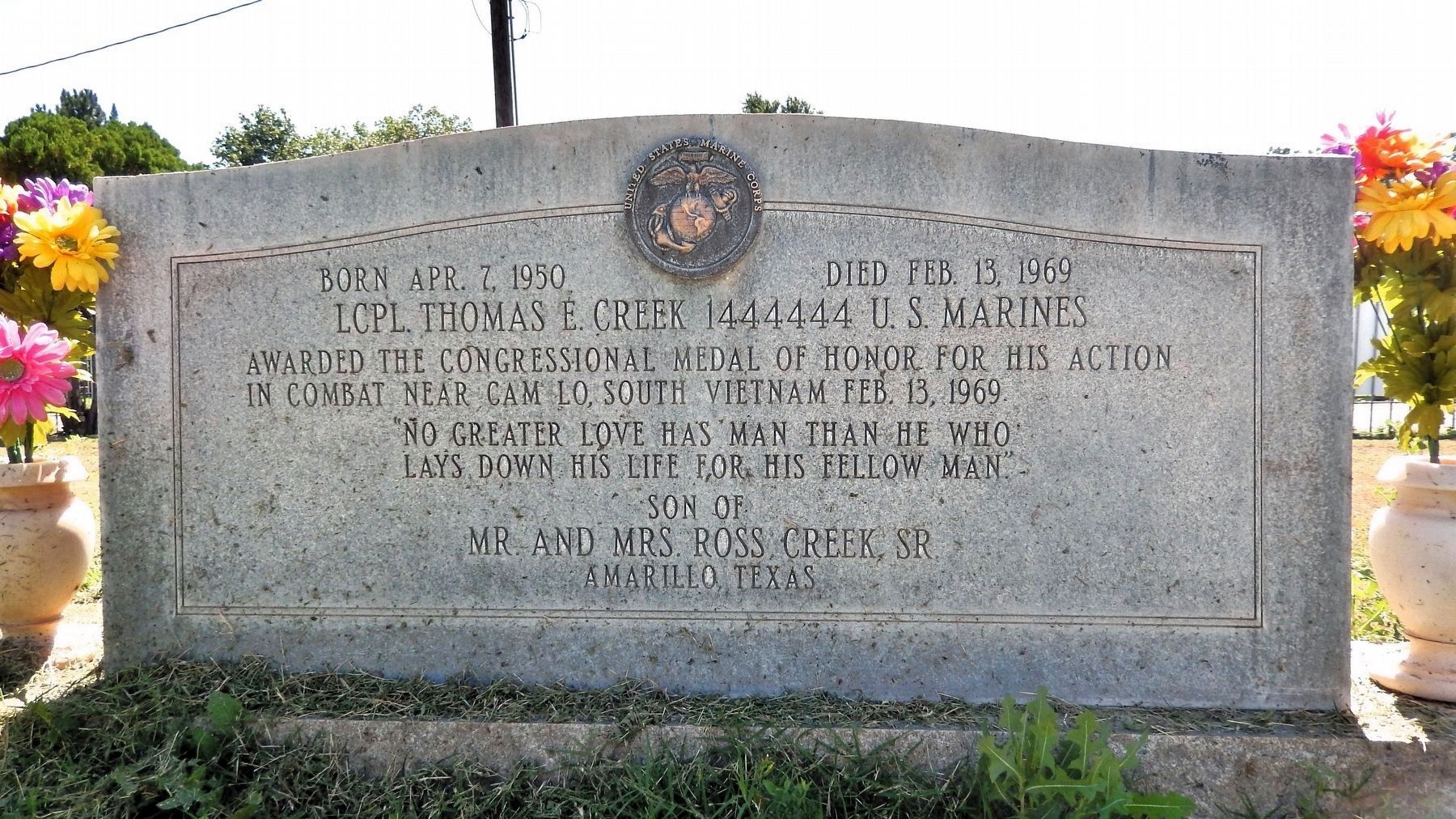 Thomas E. Creek Headstone. Click for full size. Thomas E. Creek Headstone image. Click for full size.