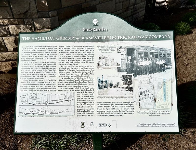 The Hamilton, Grimsby & Beamsville Electric Railway Company Marker image. Click for full size.