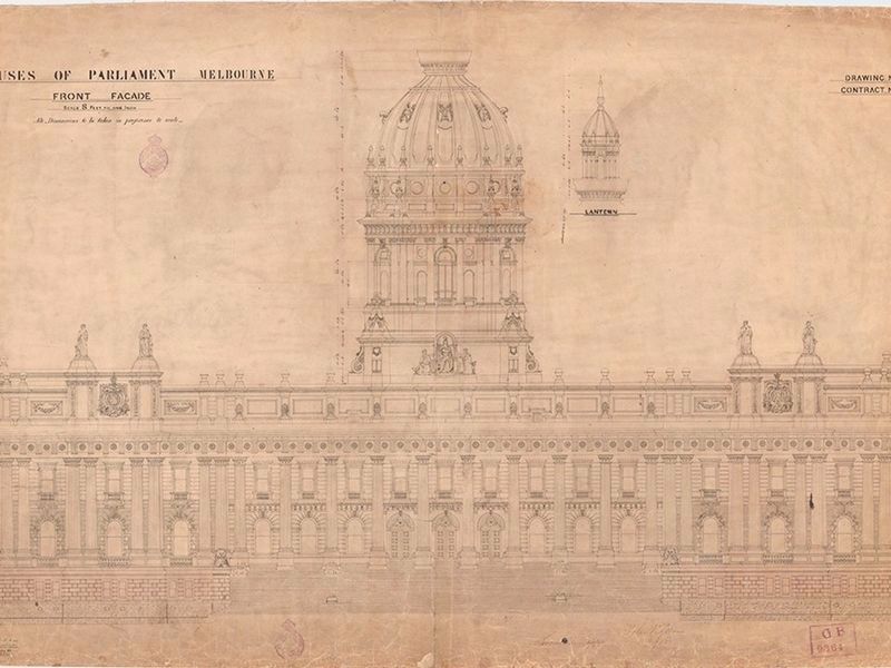 Kerr's plan for front facade of Victorian Houses of Parliament image. Click for full size.