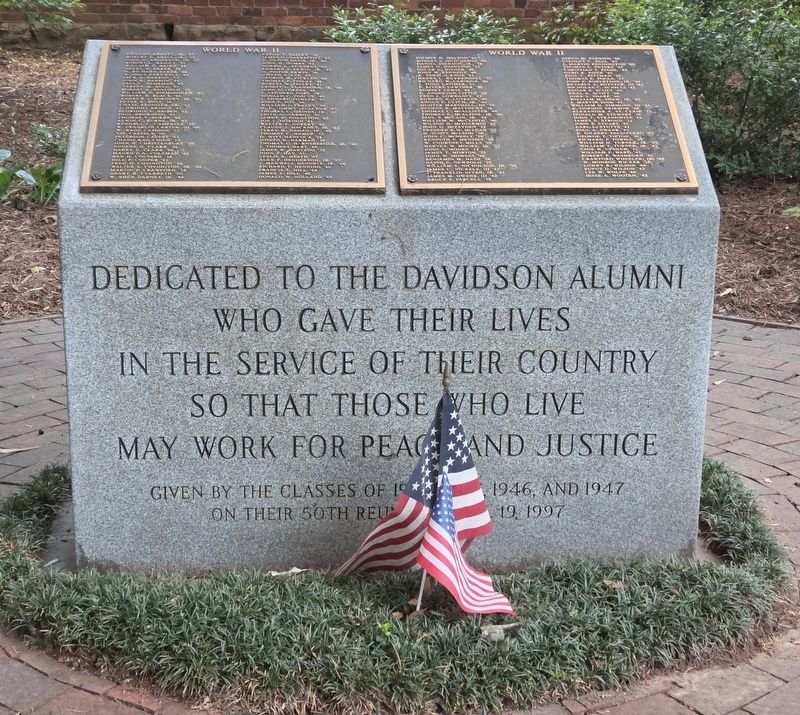 Davidson Alumni World War II Memorial Marker, granite base. Click for full size. Davidson Alumni World War II Memorial Marker, granite base image. Click for full size.