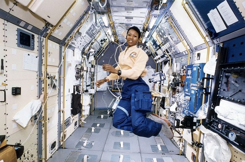 Mae Jemison aboard Space Shuttle Endeavour in 1992 image. Click for full size.