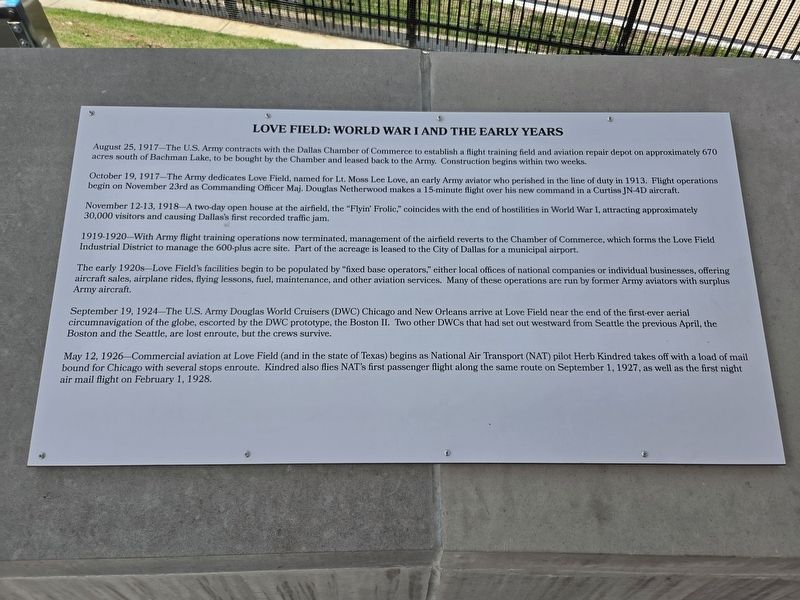 Love Field: World War I and the Early Years Marker image. Click for full size.