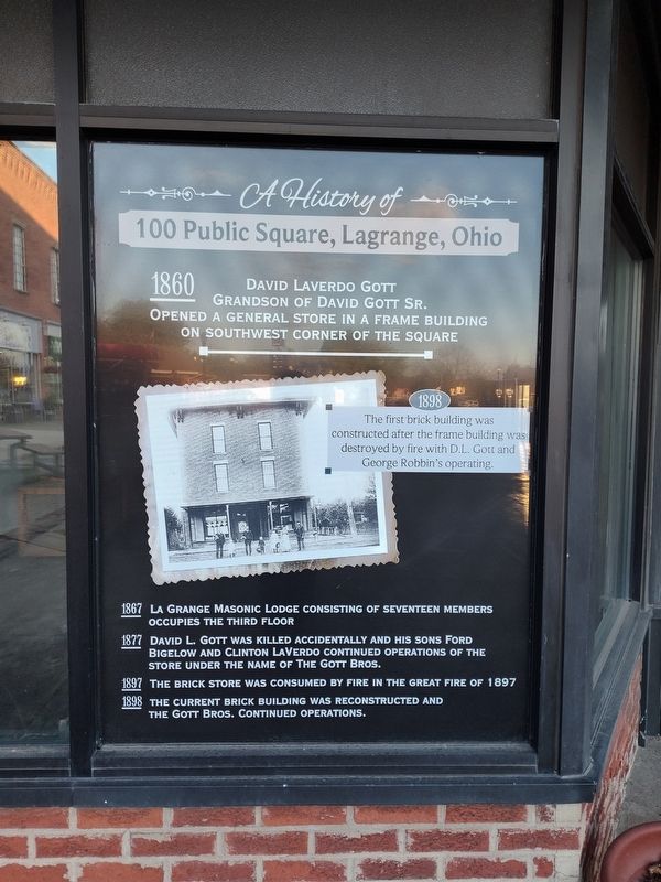 A History of 100 Public Square, Lagrange, Ohio Marker. Click for full size. A History of 100 Public Square, Lagrange, Ohio Marker image. Click for full size.