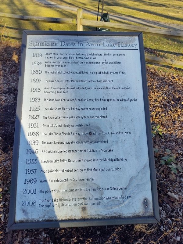 Significant Dates in Avon Lake History Marker. Click for full size. Significant Dates in Avon Lake History Marker image. Click for full size.