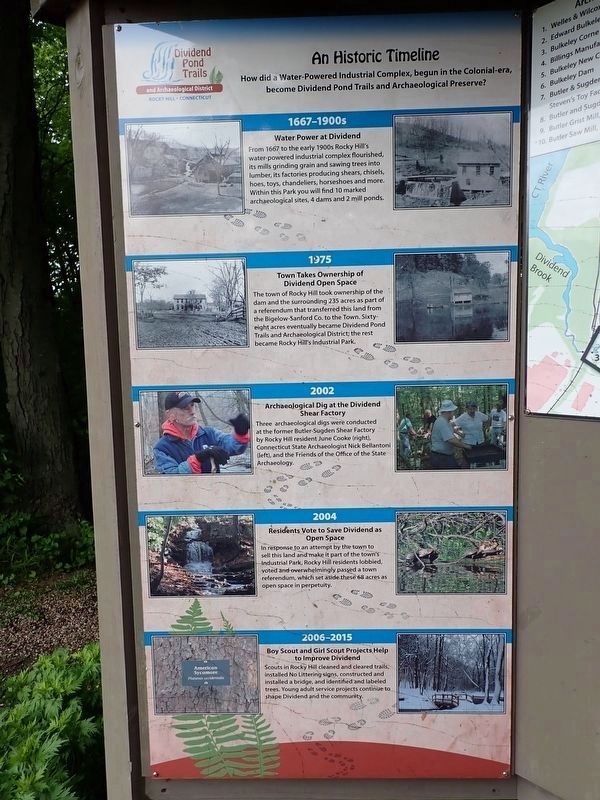 An Historic Timeline - Dividend Pond Archaeological District Marker. Click for full size. An Historic Timeline - Dividend Pond Archaeological District Marker image. Click for full size.