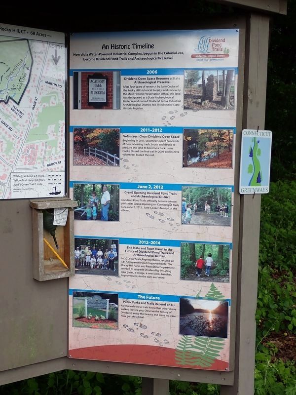 An Historic Timeline - Dividend Pond Archaeological District Marker. Click for full size. An Historic Timeline - Dividend Pond Archaeological District Marker image. Click for full size.