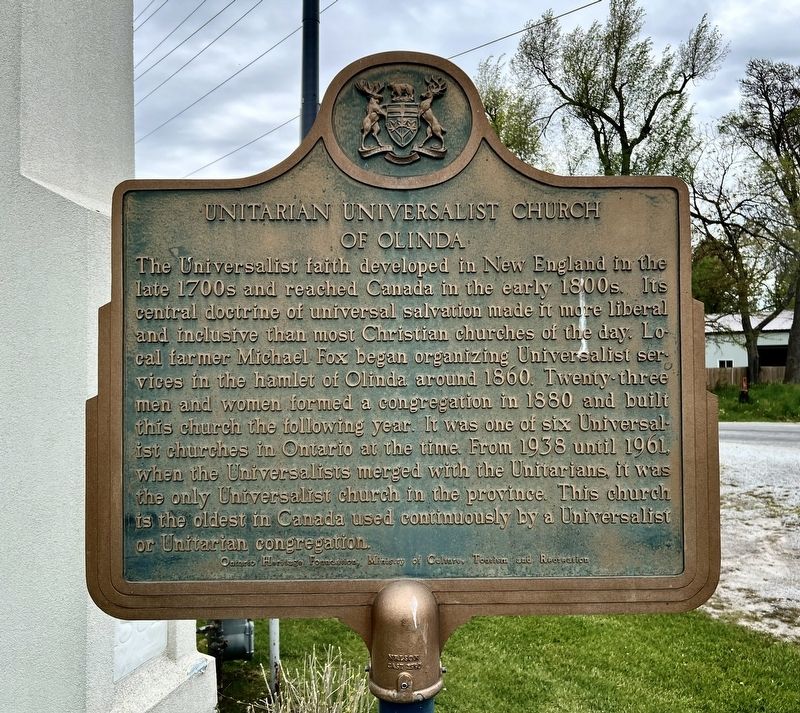 Unitarian Universalist Church of Olinda side of marker image. Click for full size.