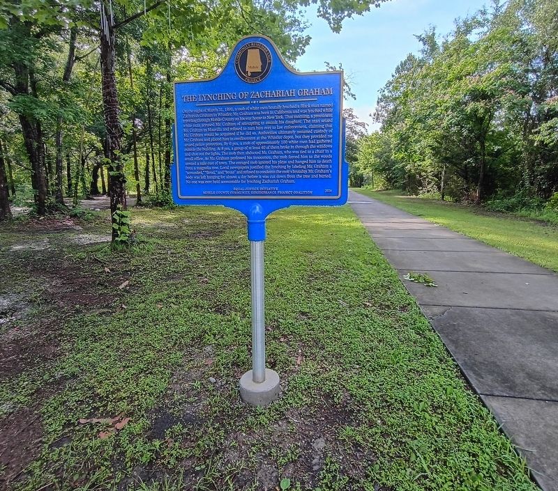 The Lynching of Zacharia Graham Marker side as approached from parking & bike trail headed south image. Click for full size.