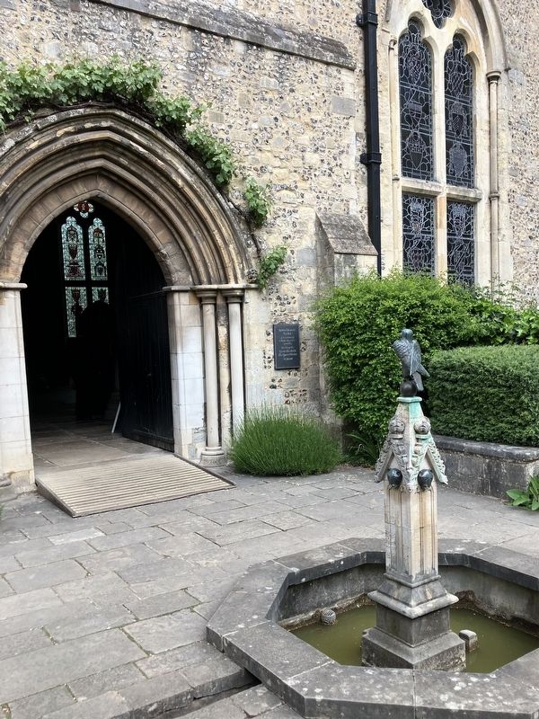 Queen Eleanor's Garden marker shown behind garden fountain image. Click for full size.