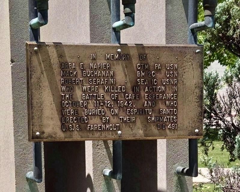 USS Farenholt Memorial - Battle of Cape Esperance Oct 11-12, 1942 Marker. Click for full size. USS Farenholt Memorial - Battle of Cape Esperance Oct 11-12, 1942 Marker image. Click for full size.