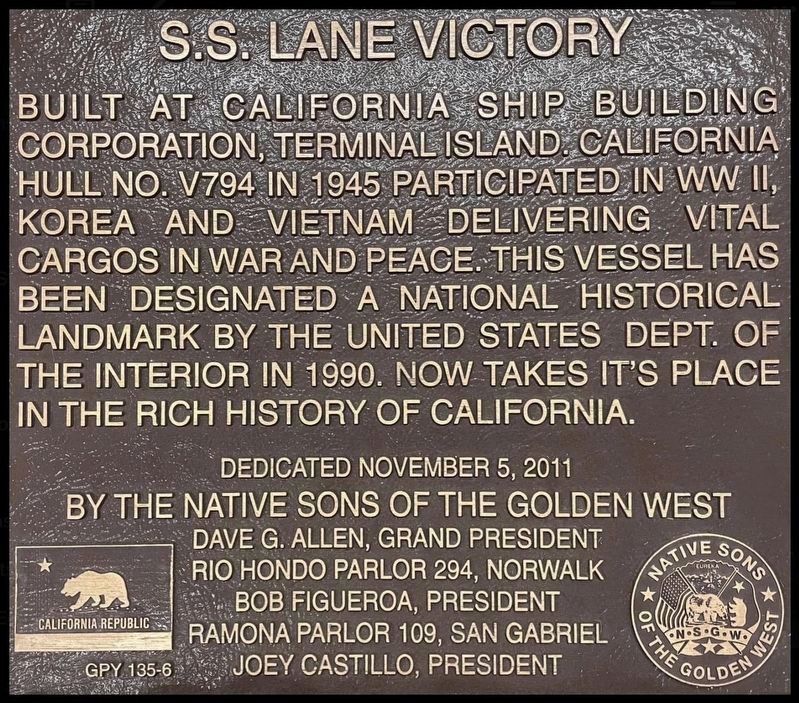 S.S. Lane Victory Marker. Click for full size. S.S. Lane Victory Marker image. Click for full size.