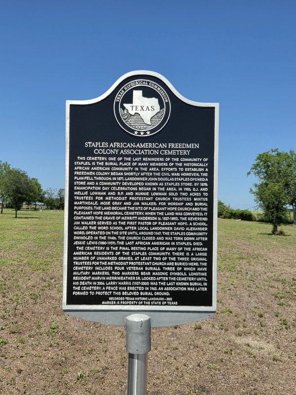 Staples African-American Freedmen Colony Association Cemetery Marker image. Click for full size.