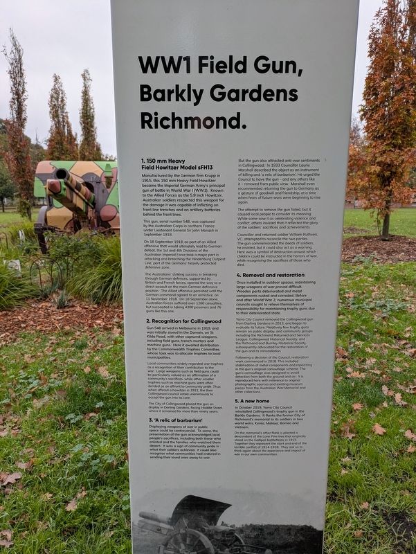 WW1 Field Gun, Barkly Gardens Richmond Marker. Click for full size. WW1 Field Gun, Barkly Gardens Richmond Marker image. Click for full size.