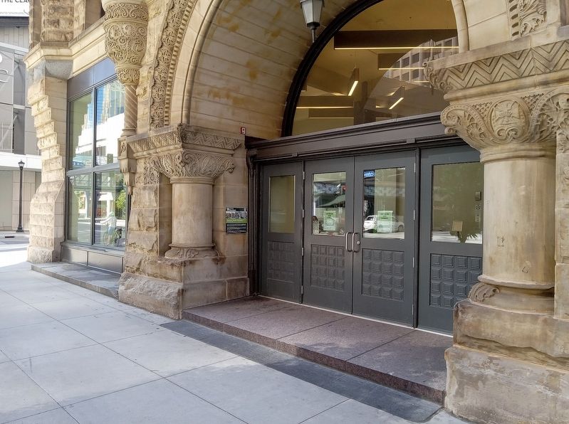 Masonic Temple Building Marker to the left of the front entrance image. Click for full size.