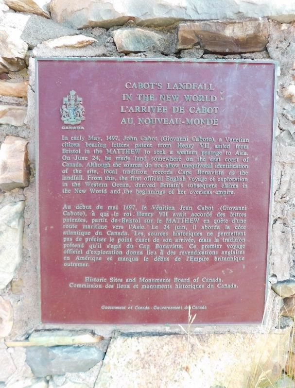 Cabot's Landfall in the New World / L'Arrivée de Cabot au Nouveau - Monde Marker. Click for full size. Cabot's Landfall in the New World / L'Arrivée de Cabot au Nouveau - Monde Marker image. Click for full size.