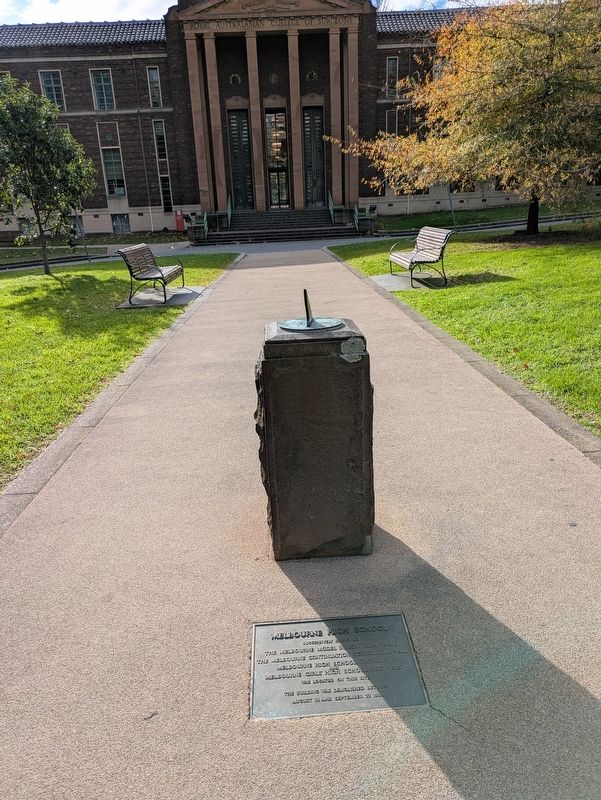 Melbourne High School Marker in front of a Sundial image. Click for full size.