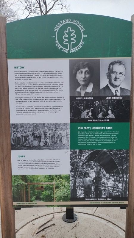 Hiestand Woods Park And Preserve Est. 1945 Marker. Click for full size. Hiestand Woods Park And Preserve Est. 1945 Marker image. Click for full size.
