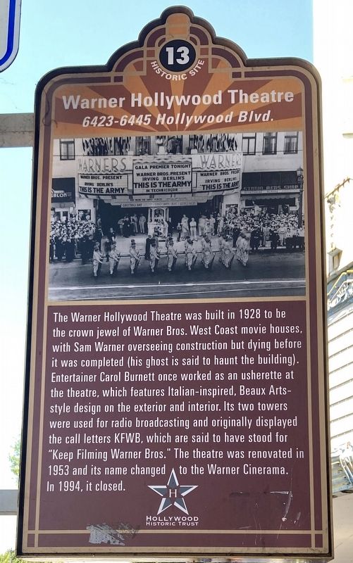 Warner Hollywood Theatre Marker image. Click for full size.