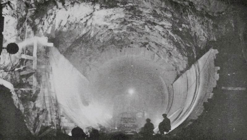 Marker detail: Construction du tunnel permettant d’acheminer l’eau vers la centrale Masson, c. 1930.. Click for full size. Marker detail: Construction du tunnel permettant d’acheminer l’eau vers la centrale Masson, c. 1930. image. Click for full size.