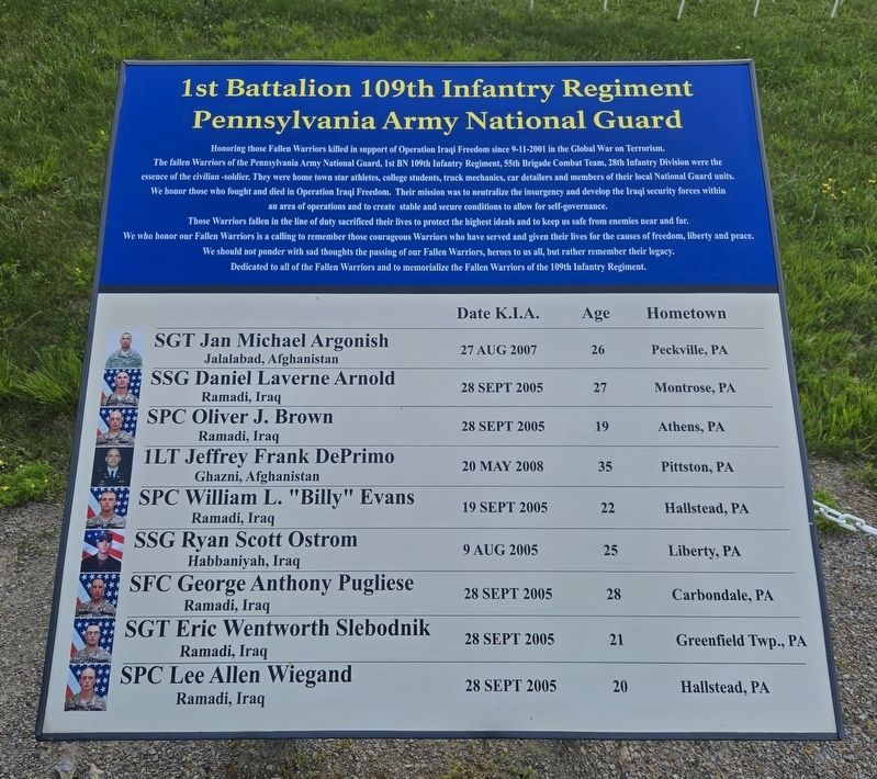 1st Battalion 109th Infantry Regiment Pennsylvania Army National Guard Marker. Click for full size. 1st Battalion 109th Infantry Regiment Pennsylvania Army National Guard Marker image. Click for full size.