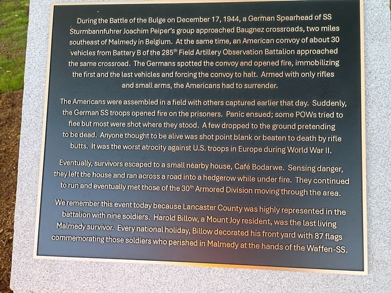 Battle of the Bulge Malmedy Massacre Marker. Click for full size. Battle of the Bulge Malmedy Massacre Marker image. Click for full size.