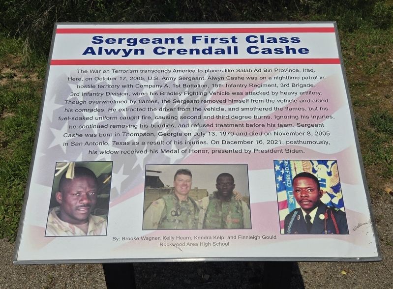 Sergeant First Class Alwyn Crendall Cashe Marker. Click for full size. Sergeant First Class Alwyn Crendall Cashe Marker image. Click for full size.