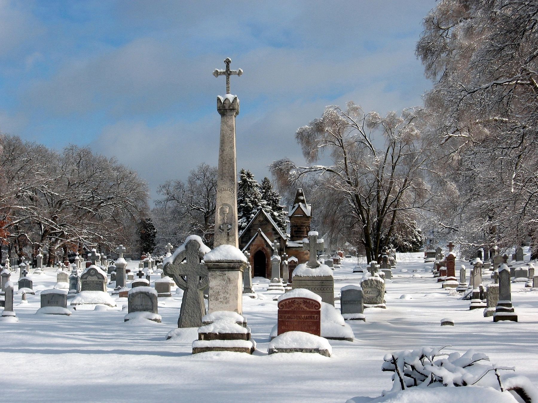 St. Andrew's Cemetery with Fr. Andreas Viszoczky's tall tombstone with cross on top in the front.. Click for full size. St. Andrew's Cemetery with Fr. Andreas Viszoczky's tall tombstone with cross on top in the front. image. Click for full size.