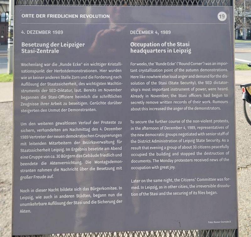 Besetzung der Leipziger Stasi-Zentrale / Occupation of the Stasi headquarters in Leipzig Marker. Click for full size. Besetzung der Leipziger Stasi-Zentrale / Occupation of the Stasi headquarters in Leipzig Marker image. Click for full size.