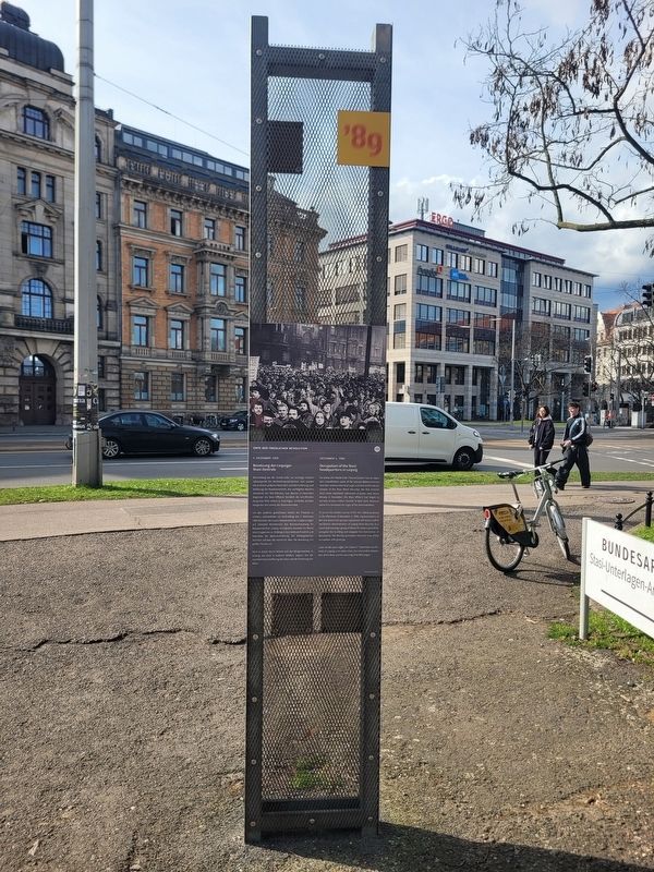 Besetzung der Leipziger Stasi-Zentrale / Occupation of the Stasi headquarters in Leipzig Marker. Click for full size. Besetzung der Leipziger Stasi-Zentrale / Occupation of the Stasi headquarters in Leipzig Marker image. Click for full size.
