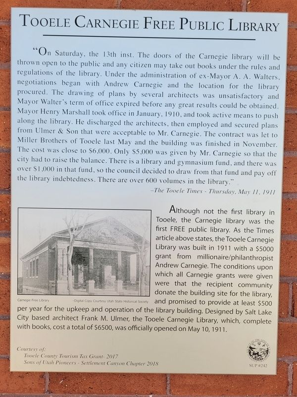 Tooele Carnegie Free Public Library Marker image. Click for full size.