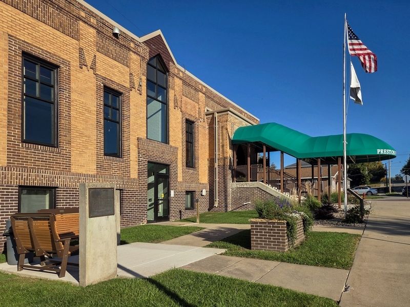 Jesse Potter Nehring Marker (on stele at left) in front of the Preston Public Library. Click for full size. Jesse Potter Nehring Marker (on stele at left) in front of the Preston Public Library image. Click for full size.