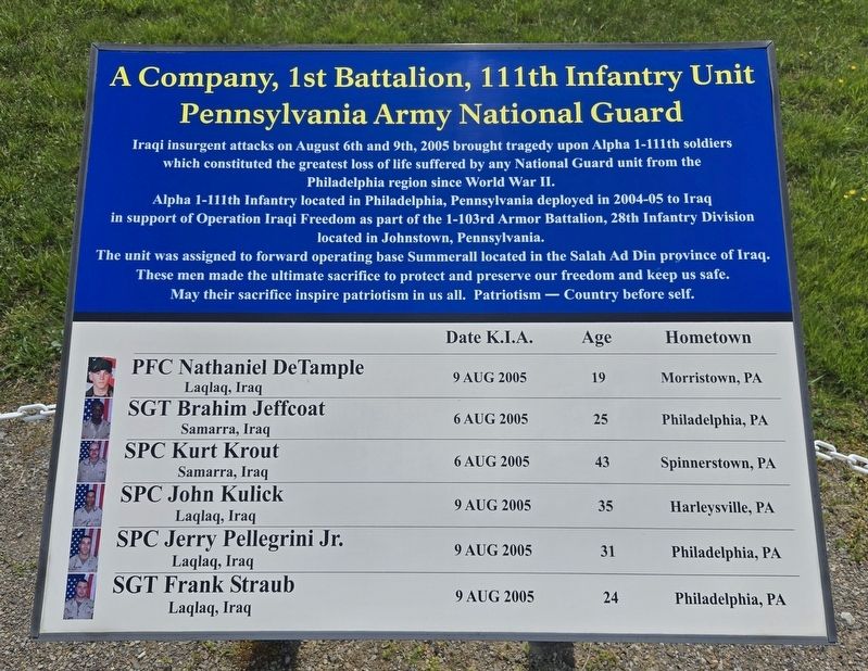 A Company, 1st Battalion, 111th Infantry Unit Pennsylvania Army National Guard Marker image. Click for full size.
