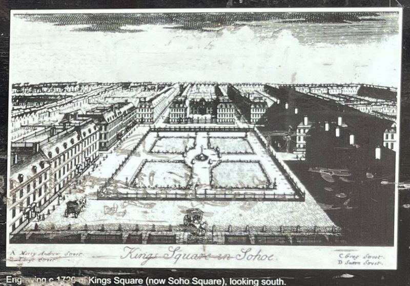 Engraving c.1720 of Kings Square (now Soho Square), looking south.. Click for full size. Engraving c.1720 of Kings Square (now Soho Square), looking south. image. Click for full size.
