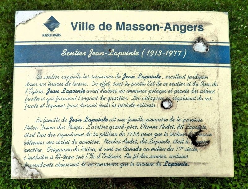 Sentier Jean-Lapointe (1913-1977) Marker. Click for full size. Sentier Jean-Lapointe (1913-1977) Marker image. Click for full size.