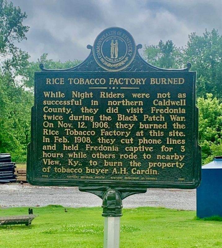The Black Patch War in Fredonia / Rice Tobacco Factory Burned Marker - Side 2 image. Click for full size.